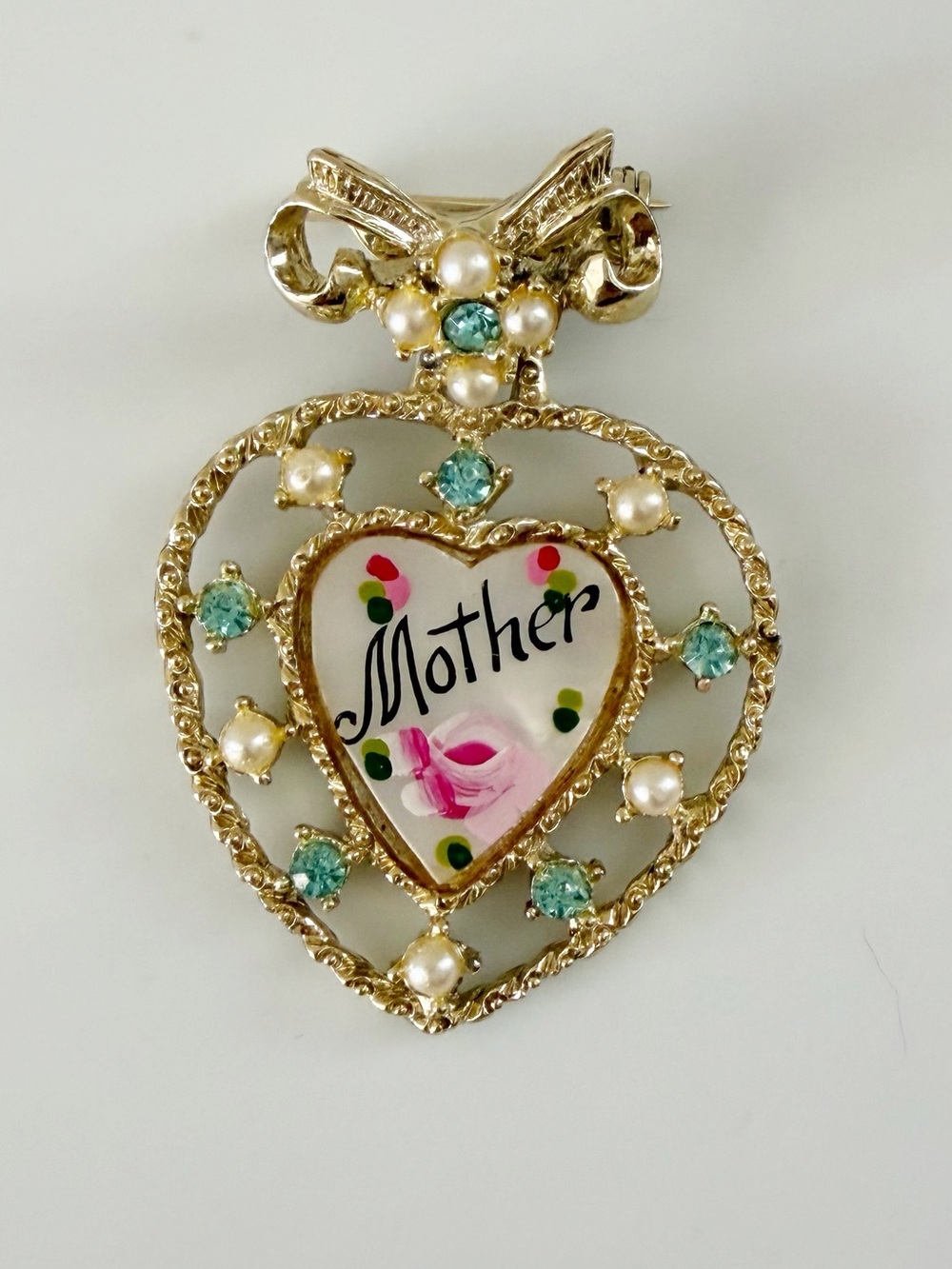 Vintage Mother Of Pearl Gold Tone Dangle Heart Painted Mother Brooch Pin